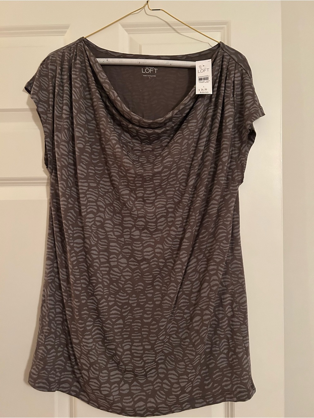 LOFT Gray Patterned Cowl Neck Short Sleeve Top